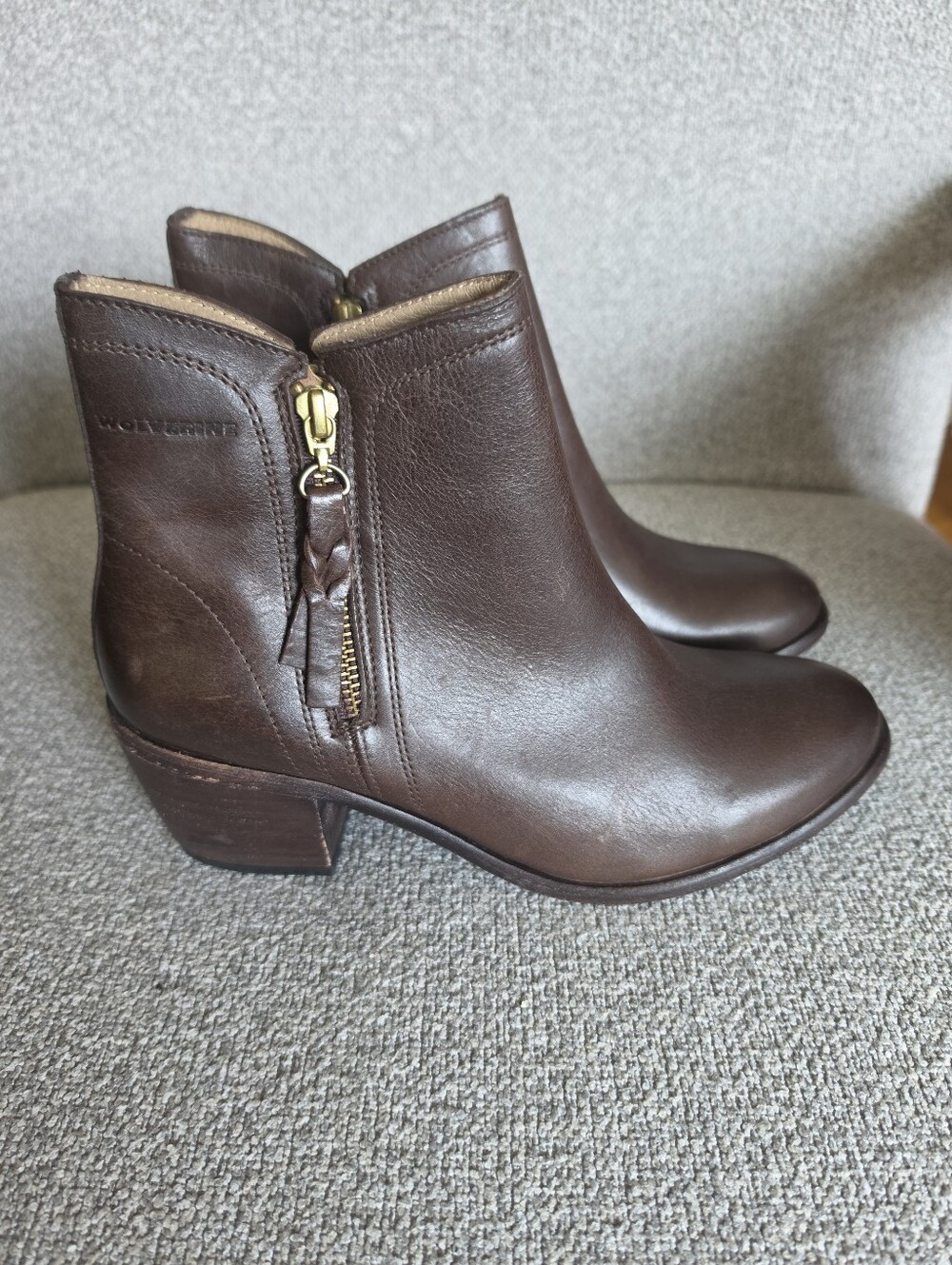 Wolverine Ella Leather Zip Ankle Heeled Booties Brown Sz 9.5